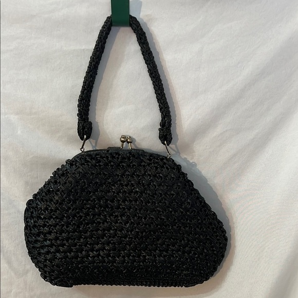 Vintage Elegant Black Straw Celephane Woven Handbag 1950s Made in Japan - Picture 1 of 5